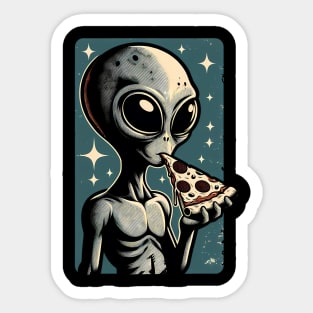 Alien Eating Pizza with UFO Retro Style Sticker